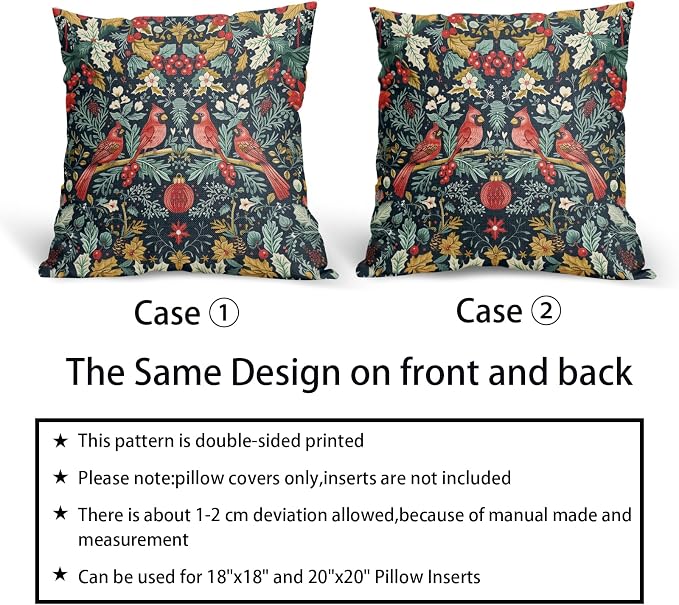 Christmas Pillow Covers 20X20 Inch Cardinal Red Birds Berry Leaves Decorative Pillow Cases Set of 2 Xmas Holiday Throw Pillows Home Decor for Sofa Couch Cushion Outdoor