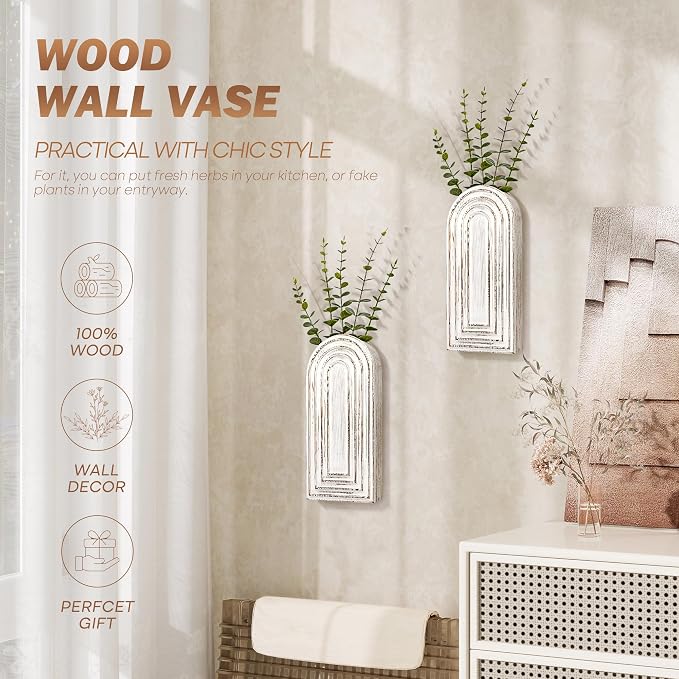EOSAHR Wall Vase: Wall Planter for Indoor Plants & Fake Flowers, Whitewash | 2Pcs, Pine Wood, 3D Embossed Lines, Round Corner Design, Hanging Plant Holder, Wall Art for Living Room Decor
