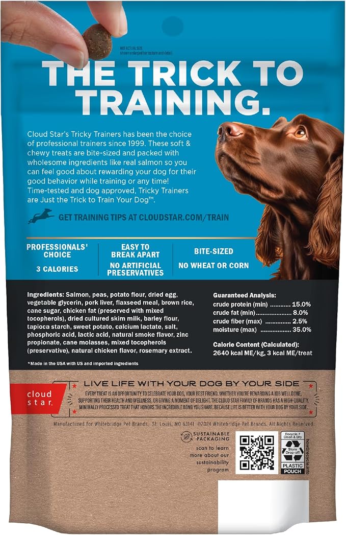 Cloud Star Tricky Trainers Chewy Dog Treats Salmon 5 oz | 5 oz. Pouch, For All Life Stages, Soft & Chewy Texture, Low Calorie Training Reward, Real Salmon, No Artificial Flavors