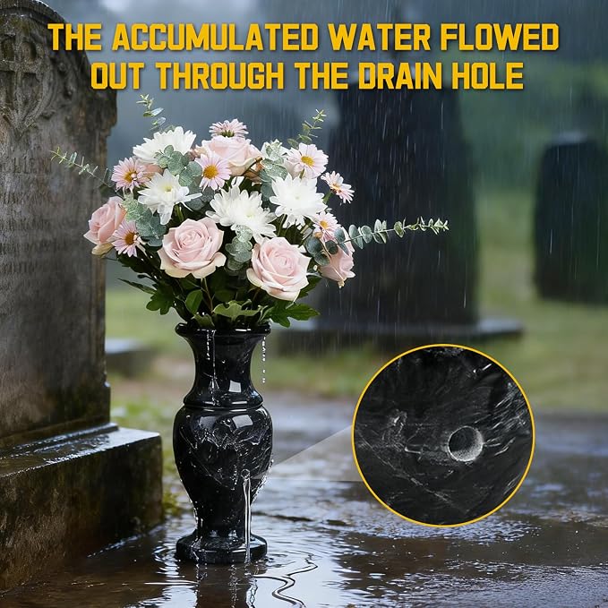 Heavy Duty Natural Marble Cemetery Vase for Grave Site – Solid Stone Headstone Planter for Real & Artificial Flowers, Memorial Tombstone Decor for Outdoor Use