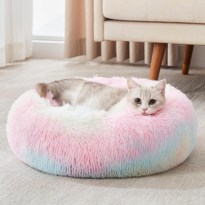 Western Home Calming Donut Cat Bed Small Dog Bed Washable,20" Rainbow | Fluffy Faux Fur Round Cuddler,Anti-Anxiety,Anti-Slip Bottom,Self-Warming Pet Bed for Small Dog&Kitten&Puppy,Up to 12 LBS