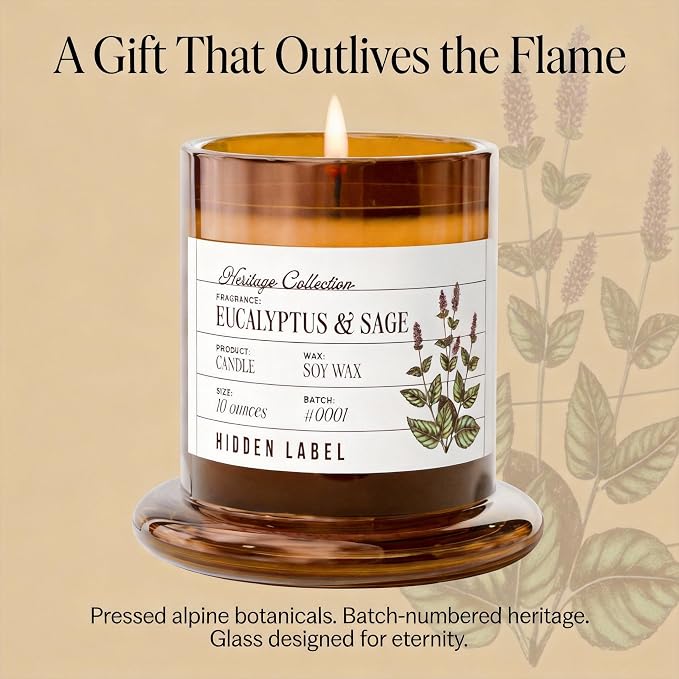 Hidden Label Eucalyptus & Sage Candle, 10oz Soy Bell Jar, 55H Aromatherapy | 60 Hours Burn | Mountain Fresh Essential Oils | Non Toxic Plant Wax | Clear Glass Dome Home Decor | Focus & Wellness Gift