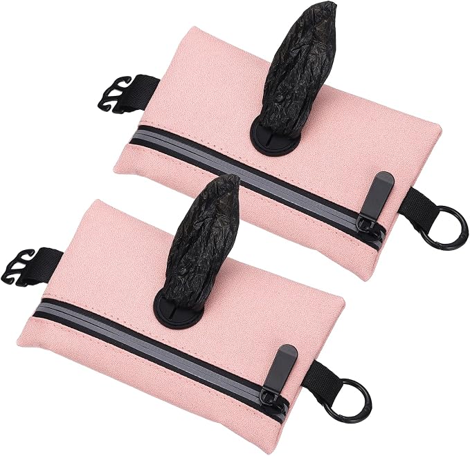 Dog Poop Bag Holder, Pet Waste Bag Dispenser Dog Treat Pouch with Zipper Oxford Cloth Portable Reusable Easy Cleanup(2Pcs, Pink), Intended for Outdoor/Travel/Walking