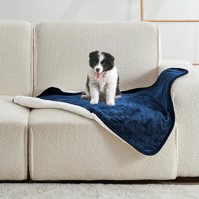 Soft Waterproof Blanket for Bed Couch Sofa, Navy Blue, 30x40 inches | Liquid Pee Proof Pet Blanket for Dog Puppy Cat, Reversible Sherpa Fleece Blanket for Couch Cover, Furniture Protector