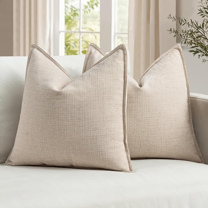 MIULEE Thick Textured Decorative Throw Pillow Covers 20x20 in Natural Linen | Set of 2, Linen Blend Pillow Cover, Flange Edge Design, Farmhouse Modern Boho Style, Bed Couch Living Room Decor