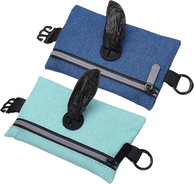 Dog Poop Bag Holder, Pet Waste Bag Dispenser Dog Treat Pouch with Zipper Oxford Cloth Portable Reusable Easy Cleanup(2Pcs, Navy Blue/Sky Blue), Intended for Outdoor/Travel/Walking