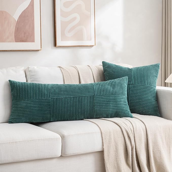 Fancy Homi Set of 1 Teal Boho Long Lumbar Body Decorative Throw Pillow Cover 14x36 Inch for Bed Couch Bedroom Bench, Soft Patchwork Corduroy Textured Pillow Case, Rustic Farmhouse Room Decor