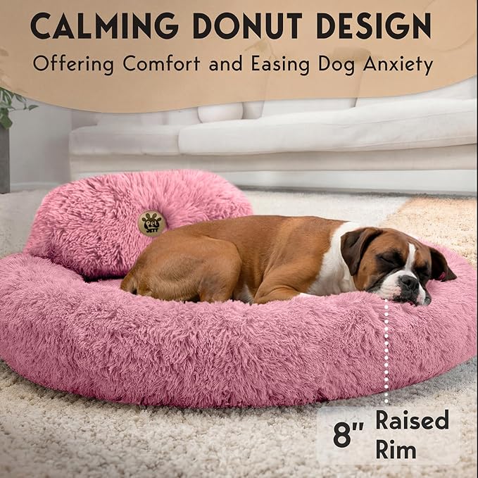 PetJett XL Dog Beds for Large Sized Dog - 45'' Extra Large Dog Bed, Anti-Slip & Washable Super Soft Round Donut Bed, Fluffy Faux Fur Anti-Anxiety Premium Comfort Pet Bed, Fits Dogs up to 120 lbs