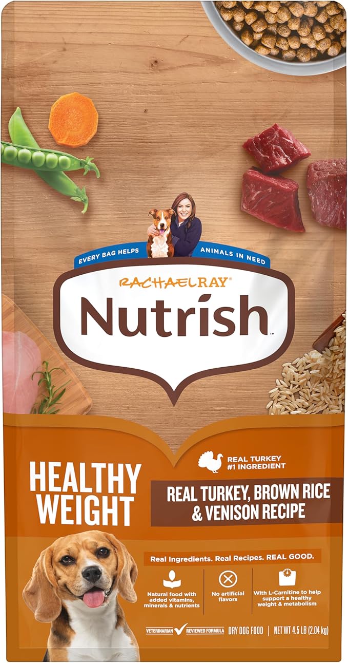 Nutrish Healthy Weight Dry Dog Food, 4.5 lb. Bag (Rachael Ray) | Turkey, Brown Rice & Venison Recipe, Made With L-Carnitine to Help Support a Healthy Metabolism, No Artificial Flavors