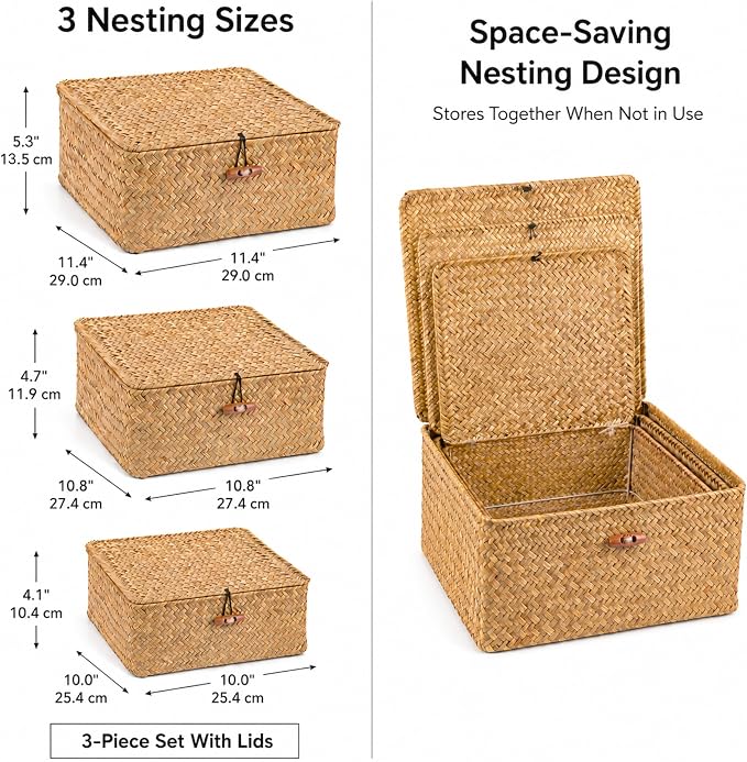 Square Handwoven Seagrass Wicker Storage Baskets with Lids, Set of 3 | Attached lids and internal iron frames help each basket hold its shape; compatible with IKEA KALLAX cube shelving.