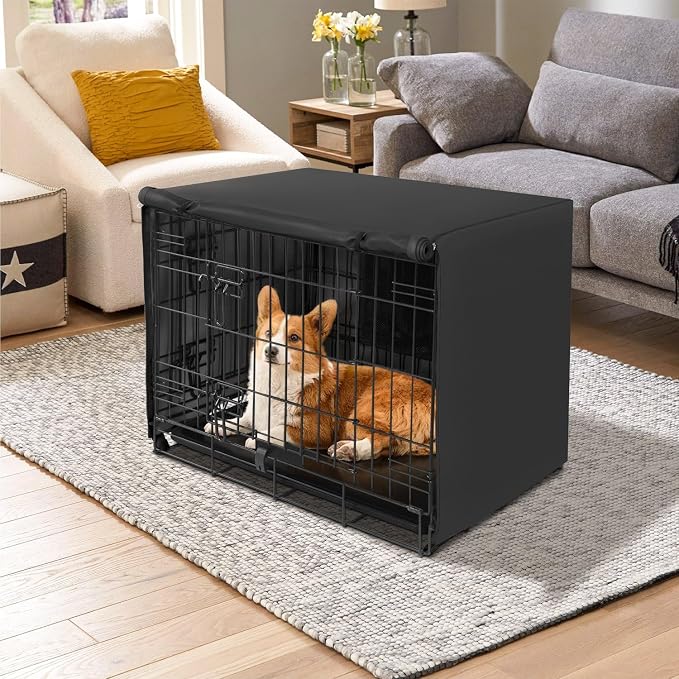 Seiyierr Dog Crate Cover, 30 Inch Dog Kennel Cover for Medium and Large Dog, Lightweight 600D Polyester Fabric, Double Door Wire Dog Crate Cover, Machine Wash & Dry, Black