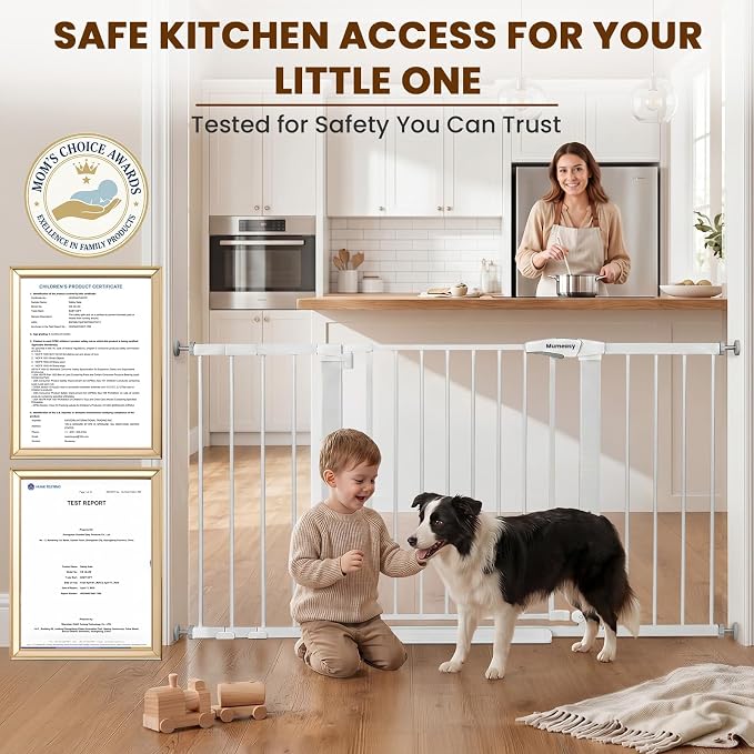 Mumeasy 29.7-54.2" Baby Gate for Stairs, Pressure Mounted Dog Gate for Doorways, Extra Wide Walk Thru Safety Pet Gate for Doors with Auto Close, Easy Install Child Gate for Hallway Indoor House, White