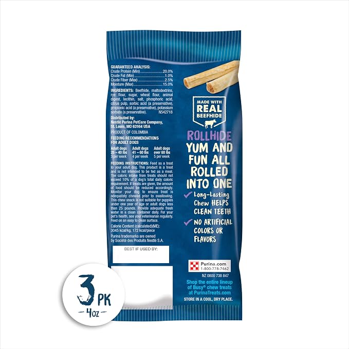 Purina Busy Rawhide Small/Medium Breed Dog Bones, Rollhide - (Pack of 12) 3 ct. Pouches | Basted beefhide exterior with a savory middle and no artificial colors or flavors, long lasting chew that helps clean teeth