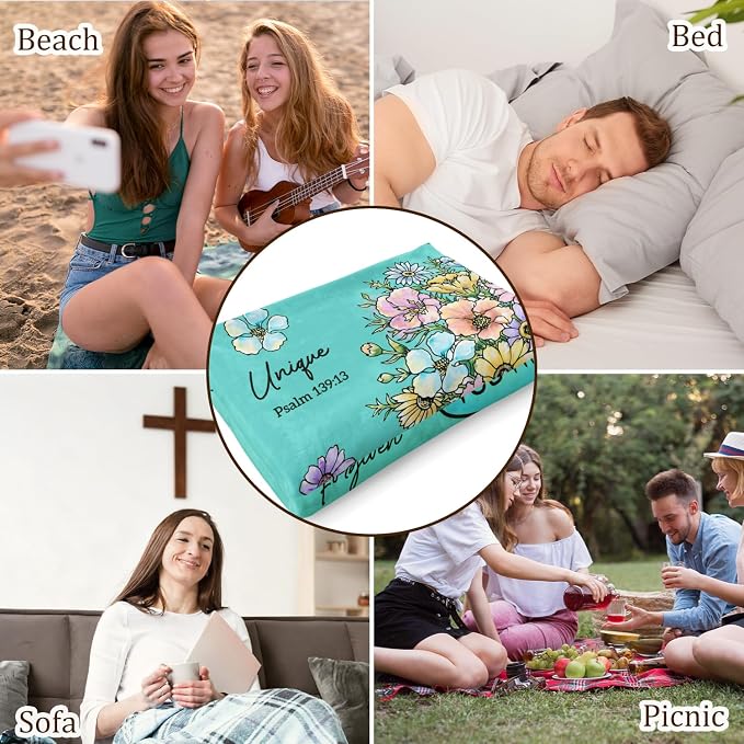 Christian Gifts for Women, Aqua Christian Blanket with Flowers 80''x 60'' | Birthday Gifts for Women, Spiritual Baptism Religious Gifts for Sister Mom Daughter Girls Wife, Soft Throw Blankets