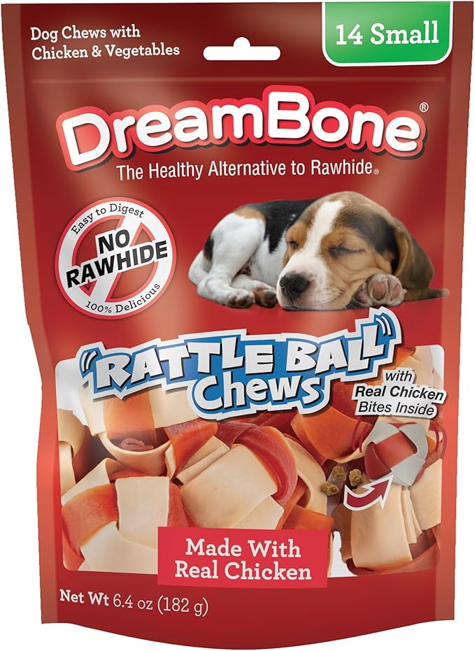 DreamBone RattleBall Chew Rawhide-Free Dog Treats, Real Protein, 14 Count | Daily Chew, Digests Safely and Completely, Made With Real Chicken and Veggies, For Adult Dogs