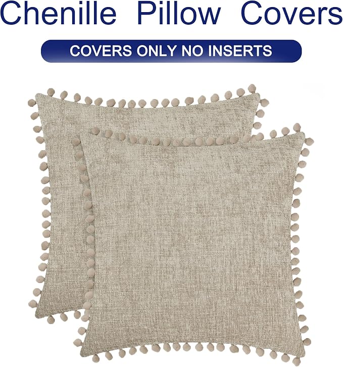 CaliTime Decorative Couch Throw Pillow Covers 20 X 20 Inches Taupe | Pack of 2, Cozy Chenille Cushion Cases, with Pom Poms for Sofa Bed Living Room Farmhouse Home