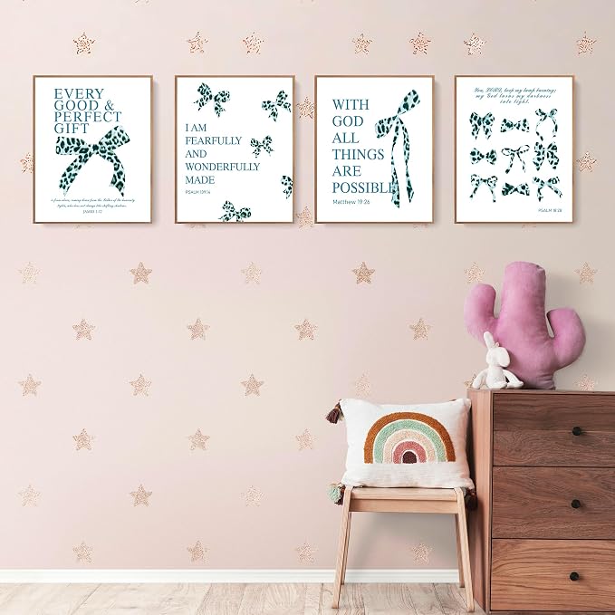 LARTSFRO Coquette Blue Leopard Bow Wall Art Decor Posters, Y2K Cheetah Leopard Bow Room Bedroom Bathroom Dorm Wall Art Decor Aesthetic for College Teen Girls Gifts, Inspirational Bible Verses Bow Wall Decor, 10x8 Inch Set of 4 Pcs Bow Pictures (UNFRAMED)