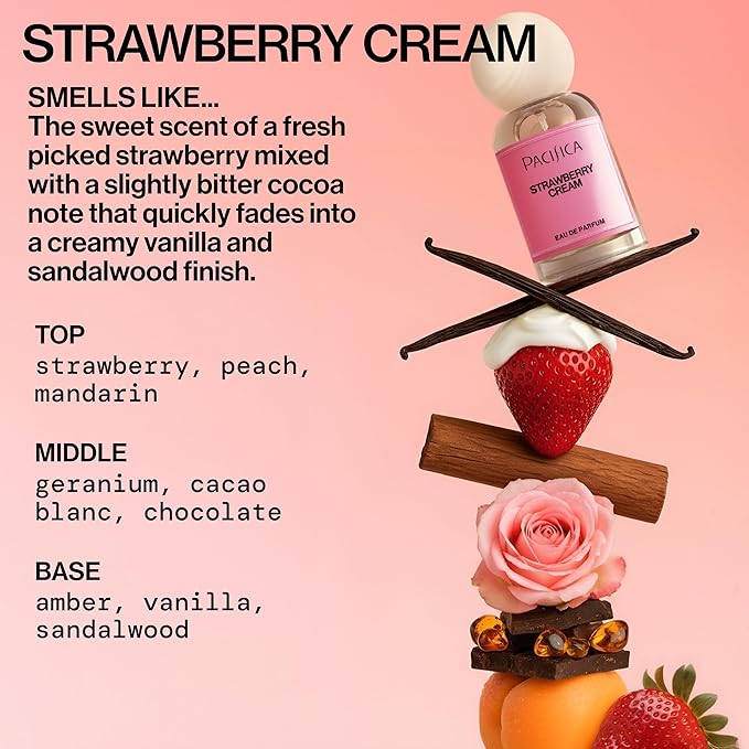 Pacifica Strawberry Cream Perfume for Women – Fruity Floral Eau de Parfum Spray with Strawberry, Vanilla, Jasmine & Sandalwood Notes, Long Lasting, Clean Beauty, 1 fl oz
