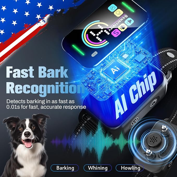 Bark Collar for Large Medium Small Dogs - Smart AI 1S Stop Barking, Anti Barking Device & Dog Training Collar with Beep, Vibration | IP67 Waterproof 8-Level Sensitivity -Jet Black