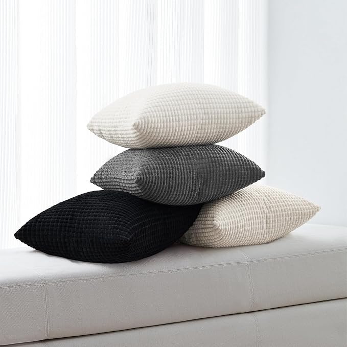 Topfinel Black and White Couch Pillow Covers for Living Room 45x45 cm Set of 4,Mid Century Modern White Neutral Corduroy Corn Throw Pillows,Rustic Square Bench Chair Cushion(18 Inch/Dark Gray)