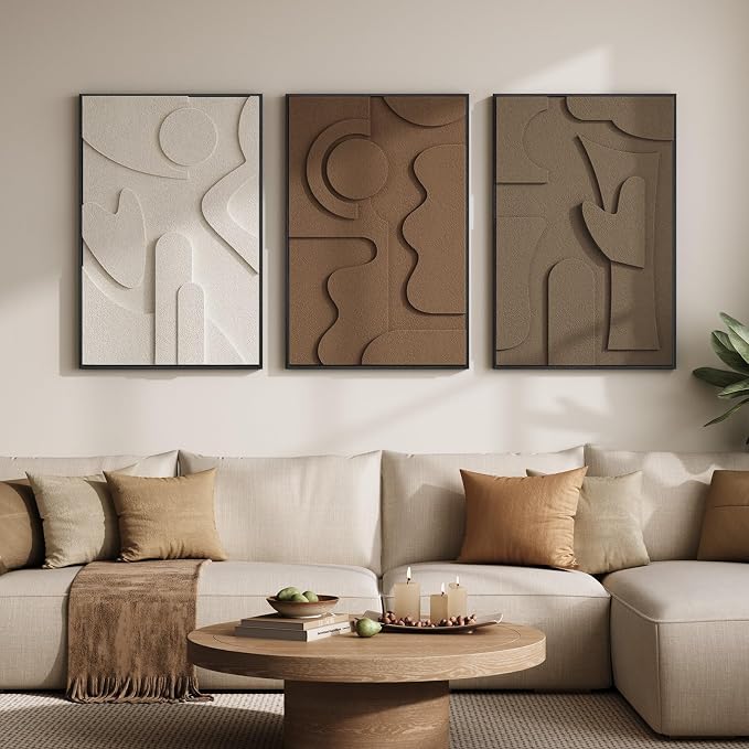 Large 3D Textured Framed Neutral Abstract Wall Art for Living Room, 3 Piece | Solid wood frames, sculptural relief forms, warm earth tones, ready to hang, big size 24x36 in, wall decor for bedroom office