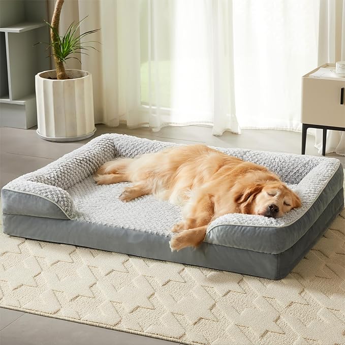 LEXTRO Orthopedic XXL Dog Bed, Washable Dog Beds for Extra Large Dogs | Comfy Sleeping Dog Bed with Egg Crate Foam, Dog Sofa with Removable Cover, Waterproof Lining&Non-Slip Bottom, Gray