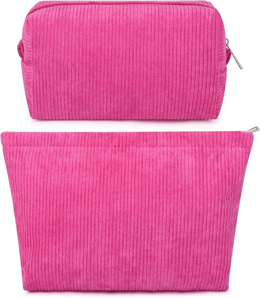 SOIDRAM 2 Pcs Corduroy Makeup Bag Large Cosmetic Bag Toiletry Bag Makeup Pouch Travel Bag Organizer Cute Makeup Brushes Aesthetic Accessories Storage Bag for Women Rose Red