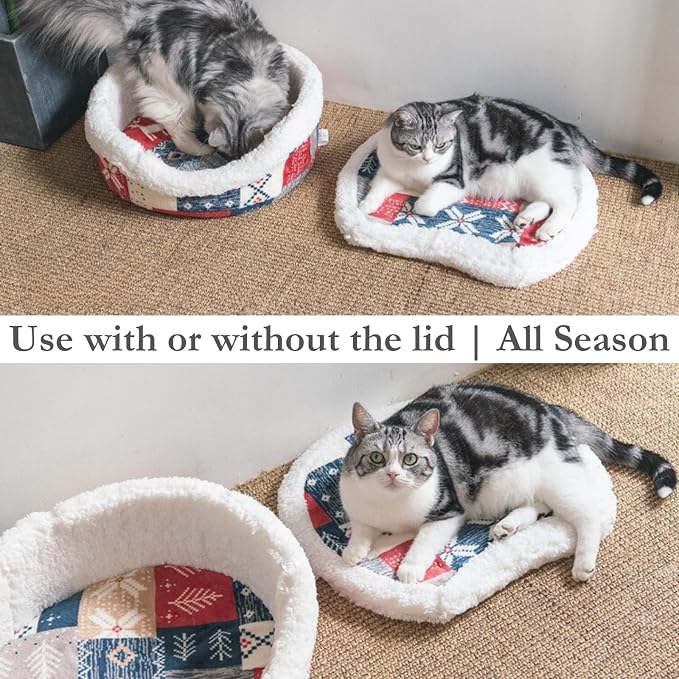 Cat Bed Cave - Enclosed Hideaway with Detachable Lid for Kitten (Snow) | Covered round house, Removable top, Separate liner, Cozy privacy nook, Apartment-friendly shelter, Easy cleaning setup