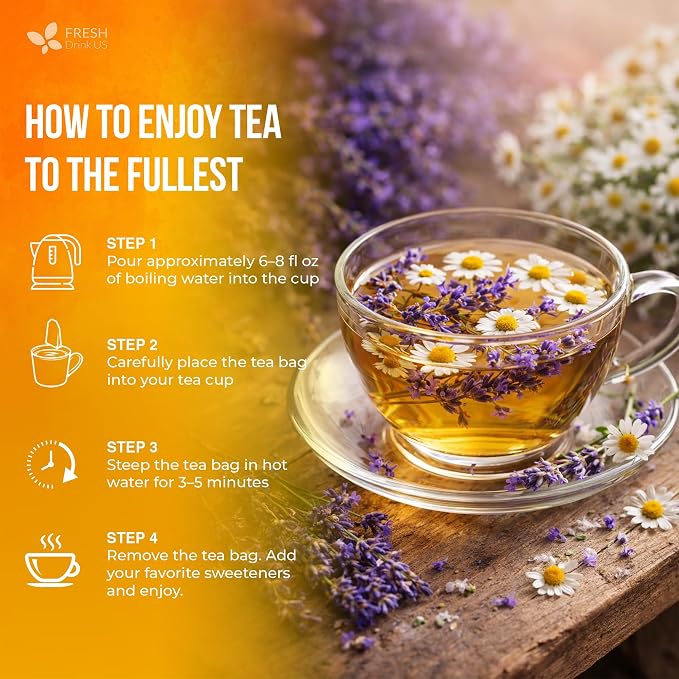 FreshDrinkUS, Premium 60 Chamomile Lavender Tea Bags, Calming Herbal Blend Strong Support for Relaxation & Better Sleep | Naturally Caffeine-Free Bedtime Tea with Soothing Floral Aroma, 100% Natural, Hand-made No Sugar/ Caffeine/ Gluten, Vegan