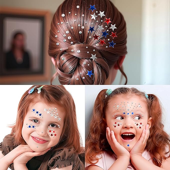 4th July Star Face Stickers Gems for Makeup, 3 Sheets Red Silver and Blue Face Glitter Rhinestone jewels, Self Adhesive Face Eye Nail Body Gems Stick on for Patriotic Rave Festival Accessories