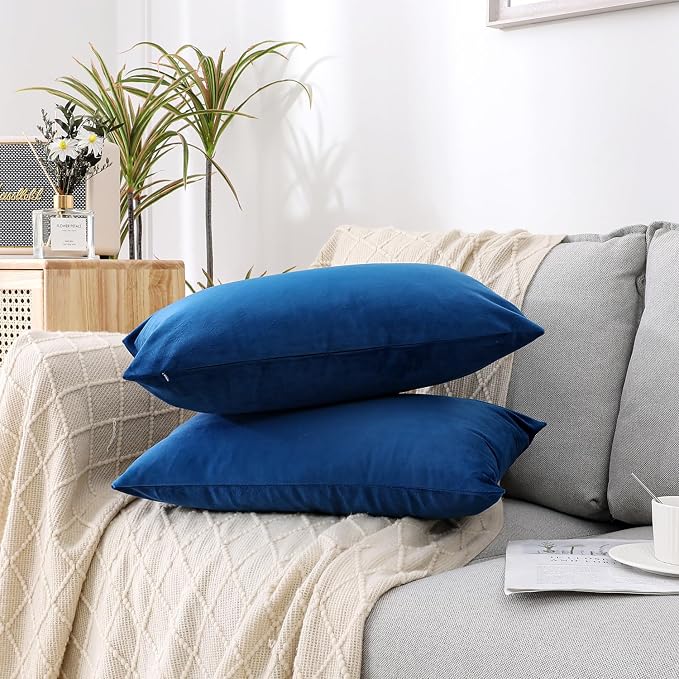 NiNi ALL Blue Velvet Throw Pillow Covers 12x20 Pack of 2 Decorative Couch | Soft Solid Boho Cushion Squar Pillow Cases for Chair Sofa Bedroom Farmhouse Living room Modern Luxury Home Decor Christmas