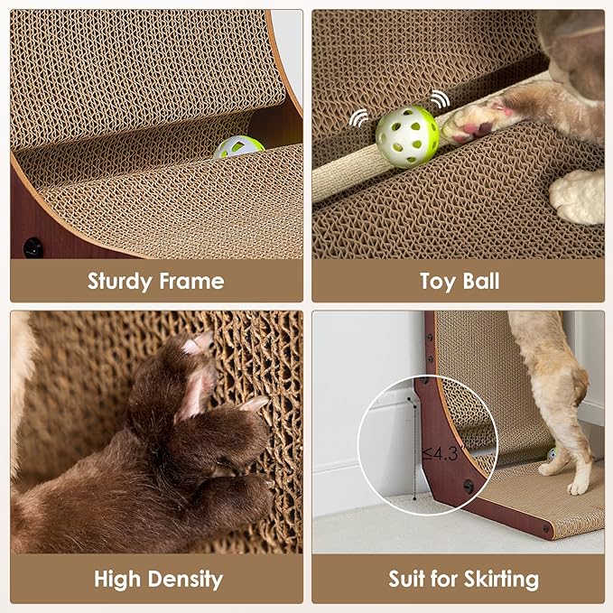 EHEYCIGA Cardboard Cat Scratcher for Indoor Cats, 32 Inch, Dark Brown | L Shaped Scratching Post, Vertical Cat Scratching Board with Ball Cat Toy, Furniture Protector, Extra Large Cat Scratch Pad