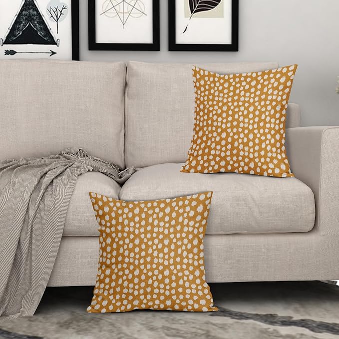Mustard Yellow Cream Dots Pillow Covers 20x20 Set of 2 Boho Design Polka Dot Throw Pillows Modern Trendy Print Outdoor Decorative Pillowcase Square Linen Cushion Cases Decor for Sofa Couch Bed
