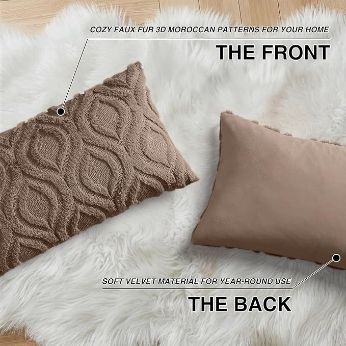 decorUhome Faux Fur Plush Soft Brown Throw Pillow Covers 12x20 Set of 2 | Wool Solid Fall Couch Pillow Covers, Accent Modern Farmhouse Neutral Decorative Square Pillow Cases for Sofa Bed Living Room