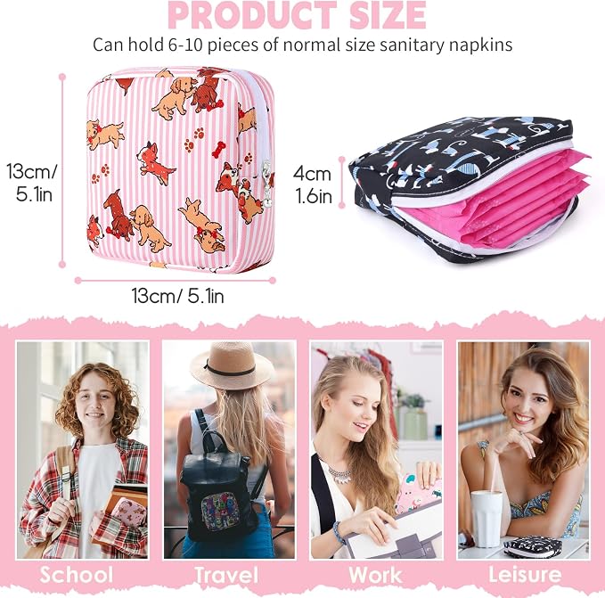 Sanitary Pad Storage Bag Portable Period Bag for Teen Pads/Sanitary Napkins/Small Tampons, Sanitary Napkin Storage Bag First Period Gifts for Teen Girls (Bowknot Dachshund)