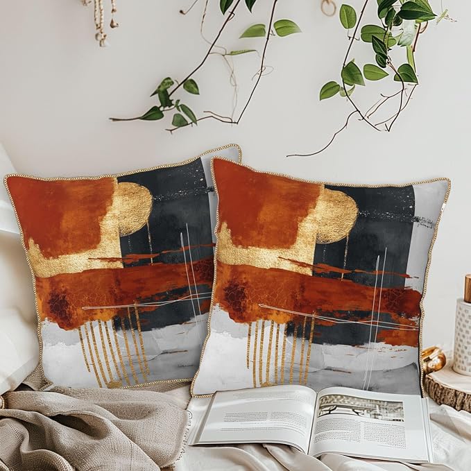 Retro Burnt Orange Gold Velvet Pillow Covers 20x20 Inch Abstract Rust Gray Black Throw Pillows For Couch Cushion Covers Pillowcase Rustic Farmhouse Pillow Cases for Sofa Bed Living Room Outdoor
