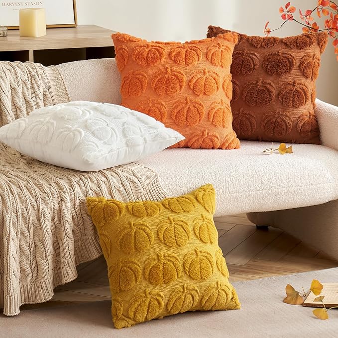 MIULEE Fall Pillow Covers Pumpkin Fall Decor 20x20 Mustard Yellow | Set of 2 Fall Decorations for Home, Plush Faux Fur Farmhouse Accent Pillowcases, Porch Sofa Couch Cushion Bed Livingroom
