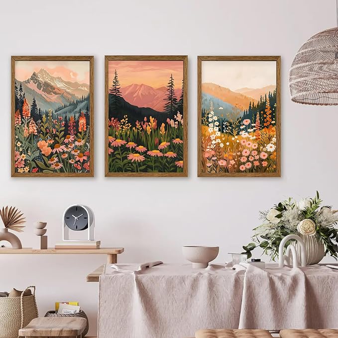 WRFON Botanical and Flower Canvas Wall Art, Framed Mountain Landscape Wall Art Set of 3, Wildflower Meadow Canvas Print, Rustic Nature Decor for Living Room Bedroom Cabin Lodge Farmhouse Decor, 20x30