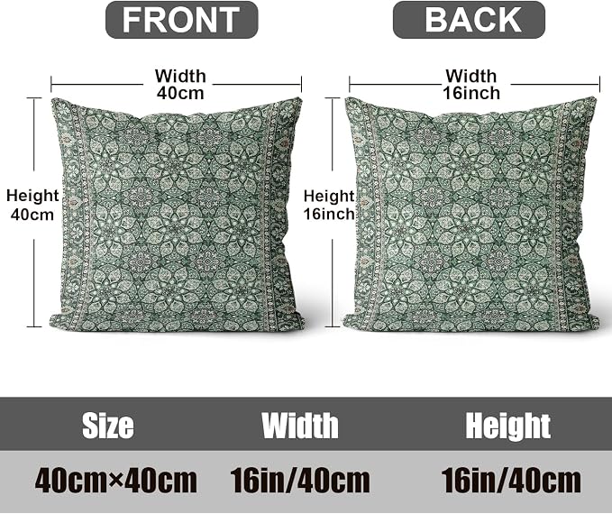 Boho Throw Pillow Covers 16x16 inch Set of 2,Soft Pillowcases Bohemia Carpet Printing Pattern Decorative Sofa Living Room Bed Square Pillow Case Cushion Cover-Green Flower