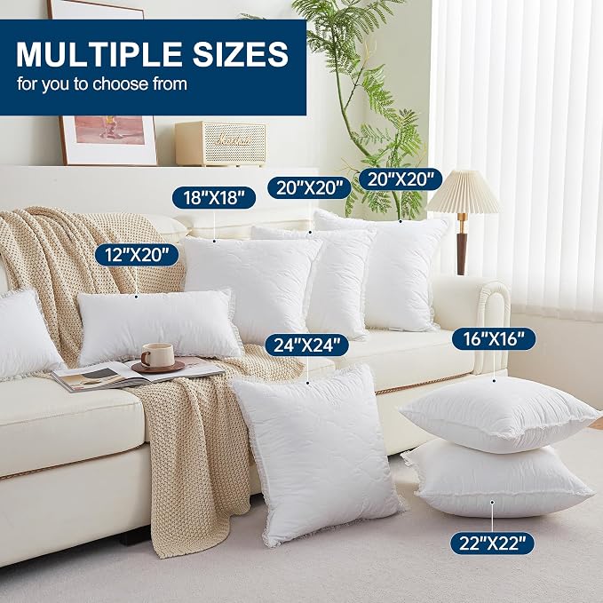 12 x 20 Throw Pillow Inserts with Lace Edge | Soft and Fluffy, Breathable Quilted Cotton Fabric - Decorative Pillows for Couch Sofa Bed, White, Pack of 2