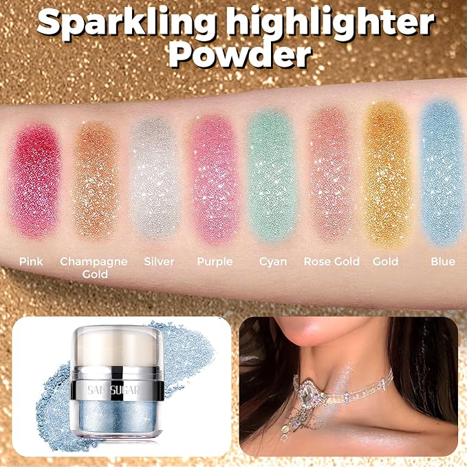 Body Shimmer Powder, Body Glitter Powder with Sponge Head, 3D Contour & Long Lasting Luminous, Glow Highlighter Makeup for Face, Eyes, Hair, Perfect for Daily, Party (Blue, 1.13 Oz)