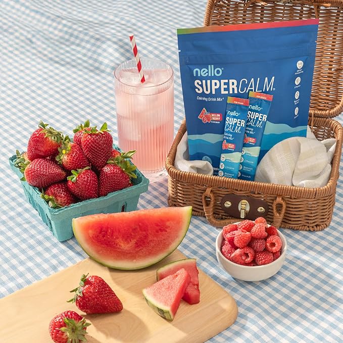 Nello Supercalm Drink Mix - Ashwagandha KSM 66, Magnesium Glycinate & L-Theanine Supplement - Ashwagandha Root Extract - Focus and Relaxation Support (20 Travel Packets) - Melon Berry