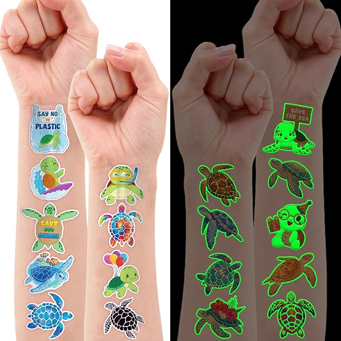 96 PCS Turtle Pre-Cut Luminous Glow in the dark Temporary Tattoos for Kids | Super Cute First Themed Birthday Party Favors Supplies Decorations, Fake Ocean Animal Tattoo Stickers Gifts for Boys Girls
