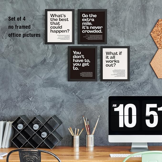DSHFG Motivational Office Wall Art Decor Prints Set of 4, Black Motivational Wall Decor Retro Posters Prints for Office Home Decor, 8x10 Unframed