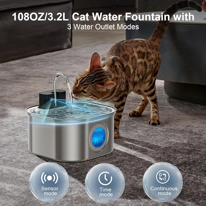 Wireless Cat Water Fountain with 3 Filters + 3 Sponges,[Rechargeable & Faucet ] Stainless Steel Battery Operated,108oz/ 3.2l Automatic Cordless Pet Fountain -Dog Fountain with 4200 Mah Battery