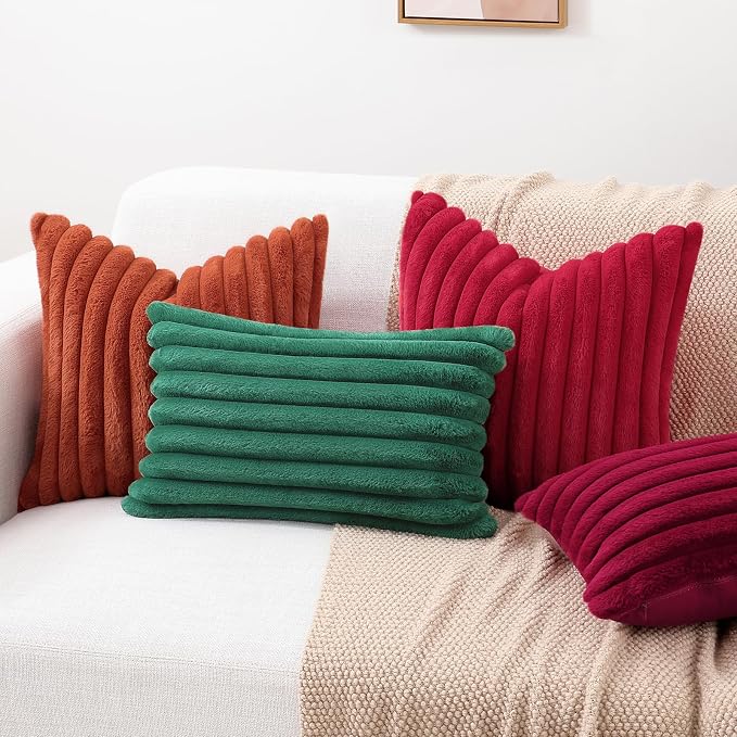 decorUhome Fall Faux Fur Throw Pillow Covers 12x20 Set of 2 Red | Decorative Soft Cozy Striped Plush Modern Farmhouse Boho Couch Pillow Cases Velvet Back for Sofa Bed Living Room Home Decor