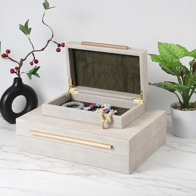 Set of 2 Beige Shagreen Decorative Storage Boxes with Lids PU Memory Boxes | 13.8/9.8inch PU Leather Large Nesting Organizer Bins with Gold Handles for Keepsakes, Photos, Modern Home Decor