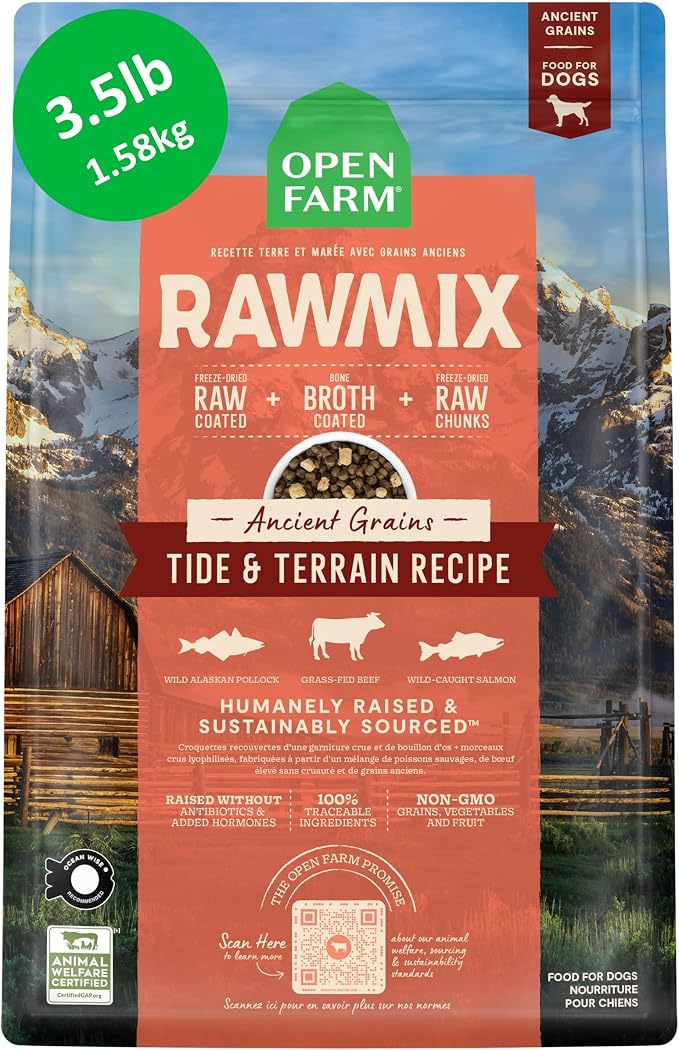 Open Farm RawMix Ancient Grains Dry Dog Food, Tide & Terrain Kibble, 3.5lb | Wild-Alaskan Pollock, Salmon, Grass-Fed Beef, Freeze Dried Raw Chunks, 100% Traceable Ingredients, 3.5lb Bag.