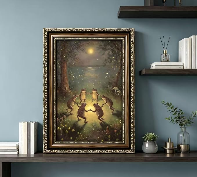 Vintage Gold Framed Celestial Wall Art, Moody Moon and Stars Gothic Painting Canvas Print, Dark Academia Wall Decor,Mystical Celestial Poster Artwork, for Living Room Bedroom Bathroom