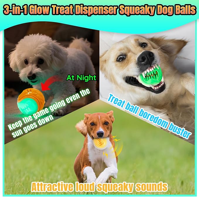 LECHONG 6-Pack Dog Treat Balls, 3-in-1 Glow in the Dark Squeaky Treat Dispenser Ball Toys for Dog, Interactive Durable Rubber Teething Fetch Ball for Small Medium Dogs to Keep Them Busy 2.5in
